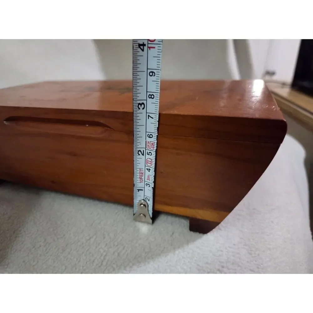 Vintage Mini Cedar Wood Chest Trinket Jewelry Box Green Velvet Lined